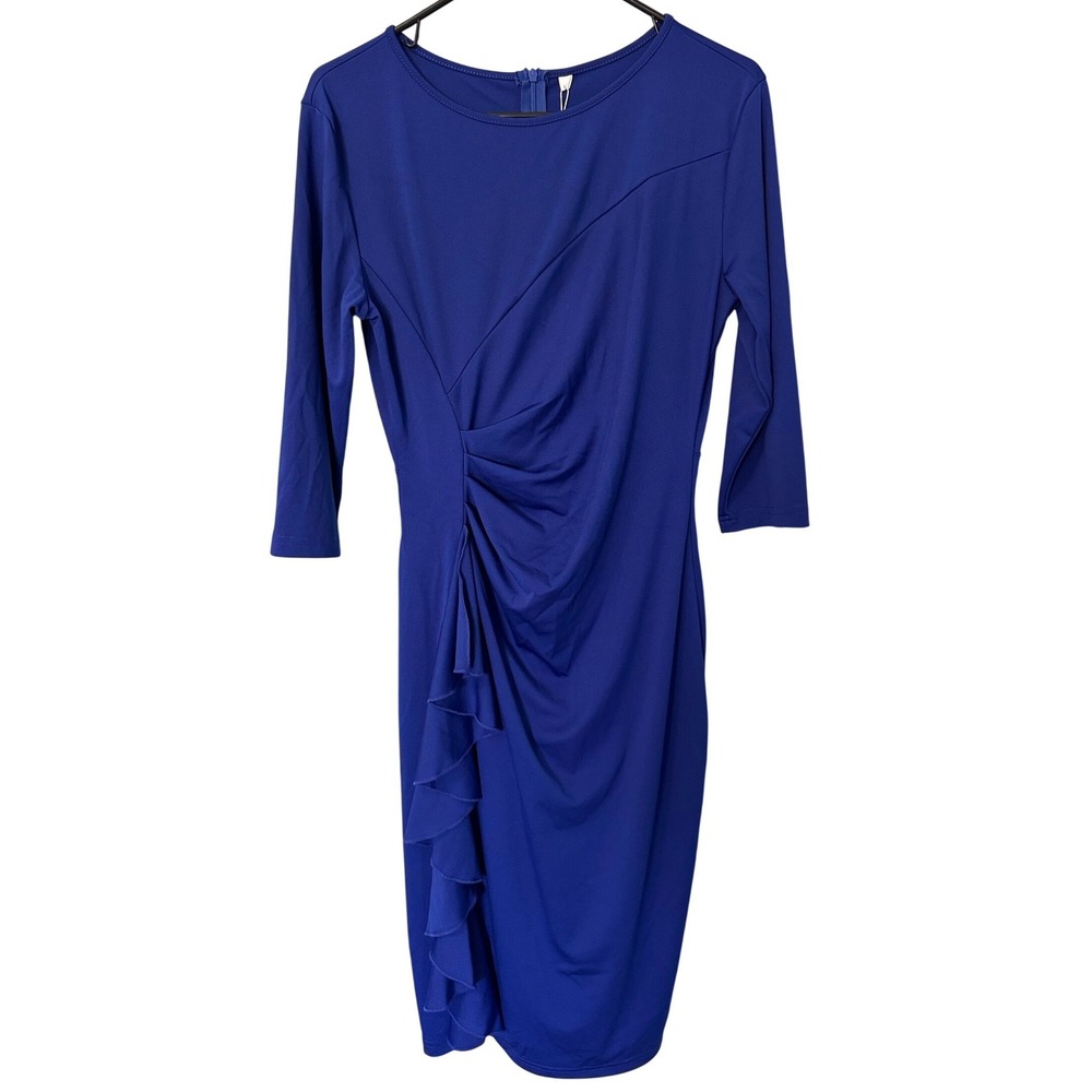 Yajedo Sheath Dress Royal Blue Ruffle Front 3/4 Sleeve Cocktail Party Small